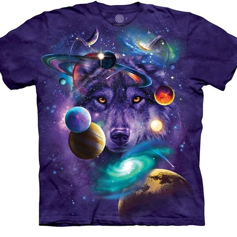 Wolf Of The Cosmos Space Galaxy Stars Moon Wolves Purple Mountain T-Shirt S-2X